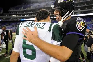 Mark Sanchez greeted by the Ravens' Joe Flacco after the Jets' debacle in Baltimore